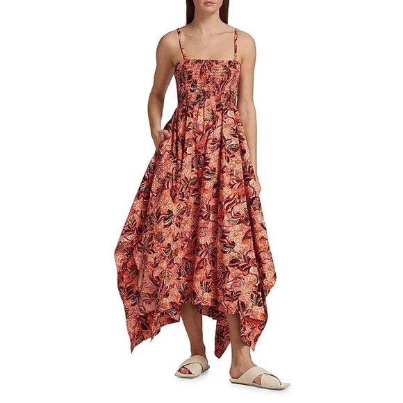 A.L.C. Adriana Handkerchief Hem Paisley Orange Open Back Smocked Midi Dress 6 - Picture 3 of 13